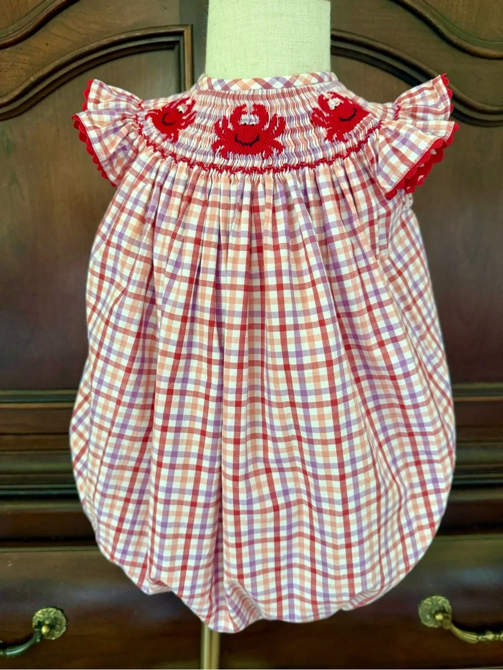 FINAL SALE Classic Whimsy Smocked Crab Bubble 24M Red Gingham Boutique Romper